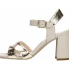 Sandalo con tacco e cinturini incrociati beige e oro